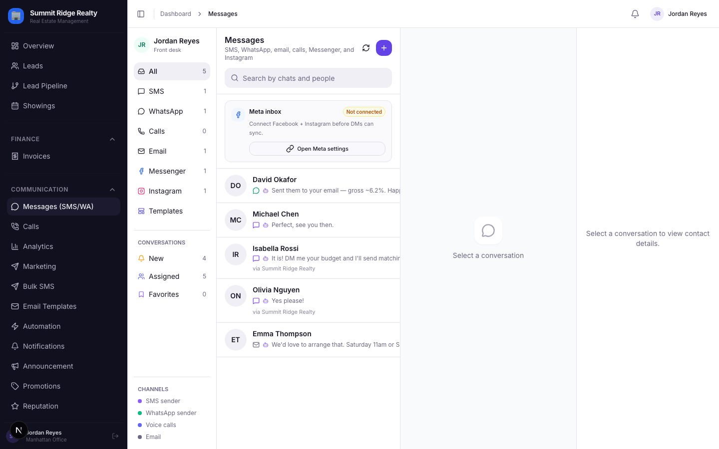 Unified inbox (SMS · WhatsApp · Email · Messenger · Instagram)